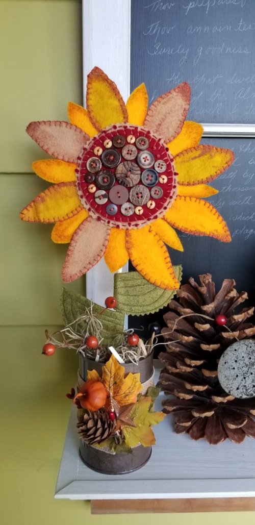 Sunflower with Button Center in Tin Can