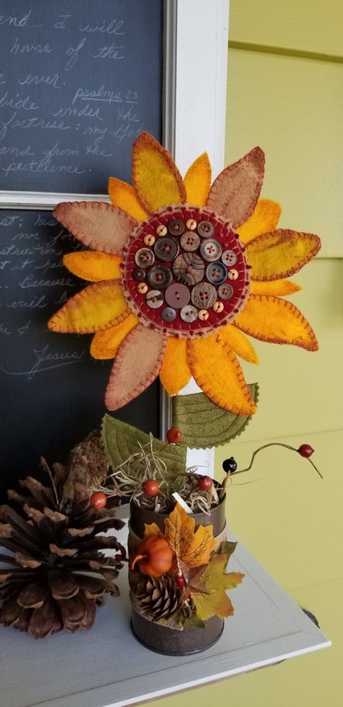 Sunflower with Button Center in Tin Can